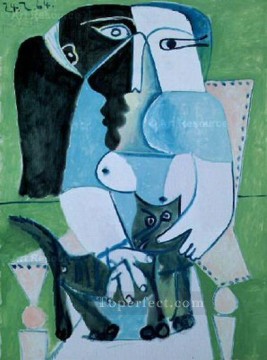 Pablo Picasso Painting - Mujer con un gato sentada en un sillón 1964 Pablo Picasso